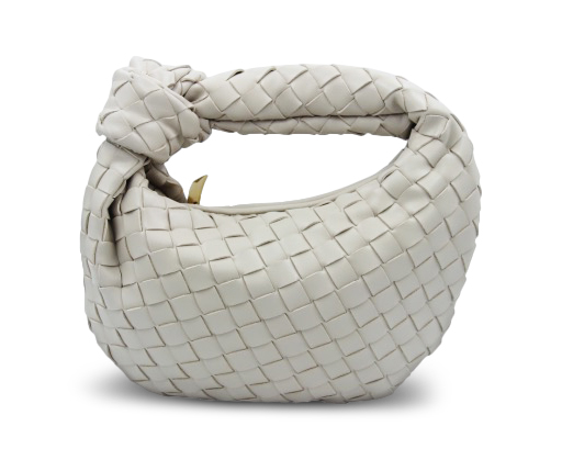 Cher knot handle handbag in white vegan leather with woven design, front view.