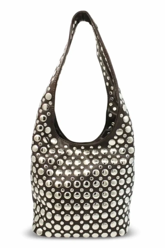 Stevie studded shoulder bag in brown vegan leather with silver studs, front view.